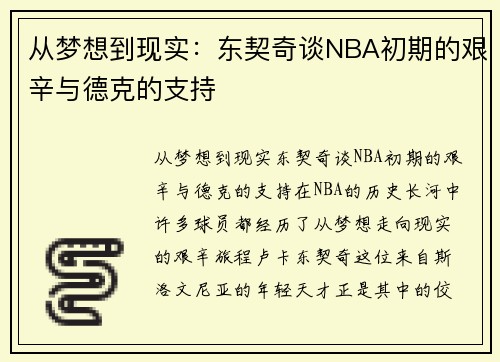 从梦想到现实：东契奇谈NBA初期的艰辛与德克的支持