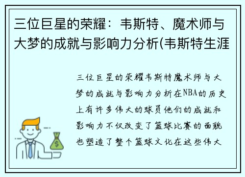 三位巨星的荣耀：韦斯特、魔术师与大梦的成就与影响力分析(韦斯特生涯荣誉)